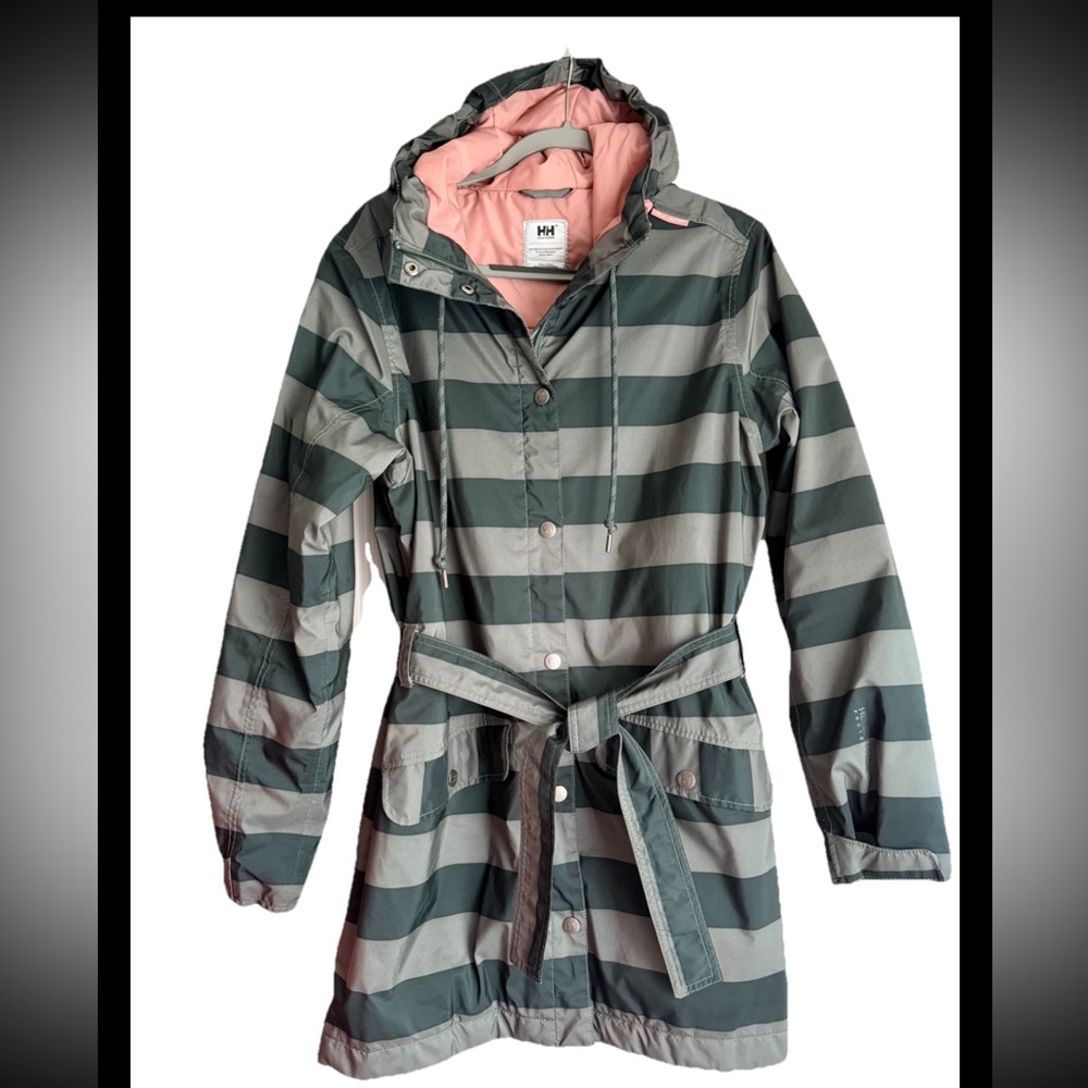 HELLY HANSEN Women’s Hooded Gray Striped Rain Utility Jacket Sz XL
